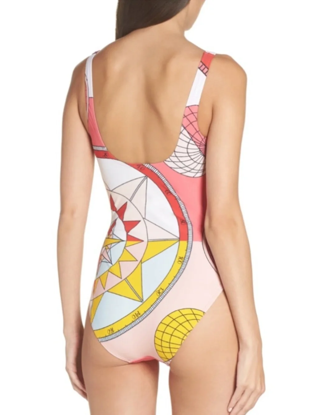 Tory Burch Constellation Compass  One Piece Swimsuit in Pink Yellow M